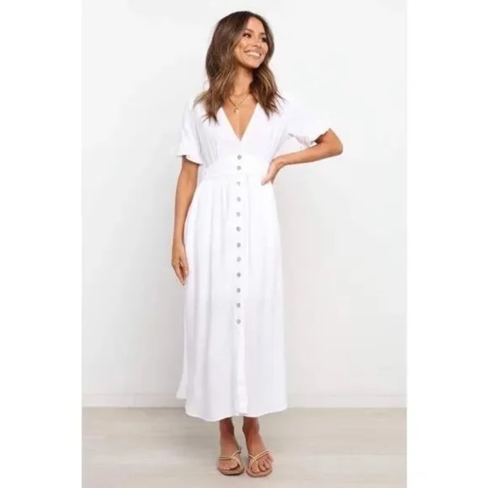 NWT Petal&Pup Miraloma Button Front Ruffle Sleeve White Linen Midi Dress Sz 6 US